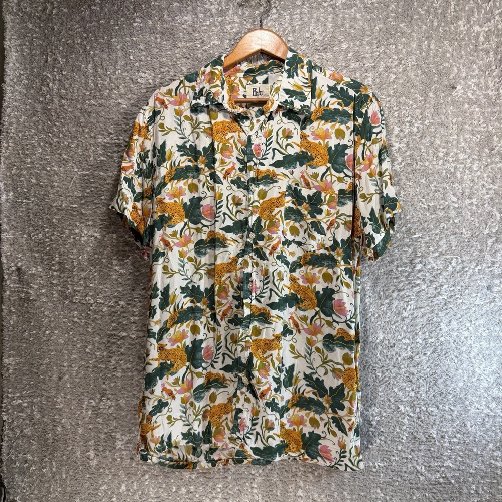 RJC Men Leopard Hawaiian Shirt L Tropical Floral Viscose Button Up Short Sleeve